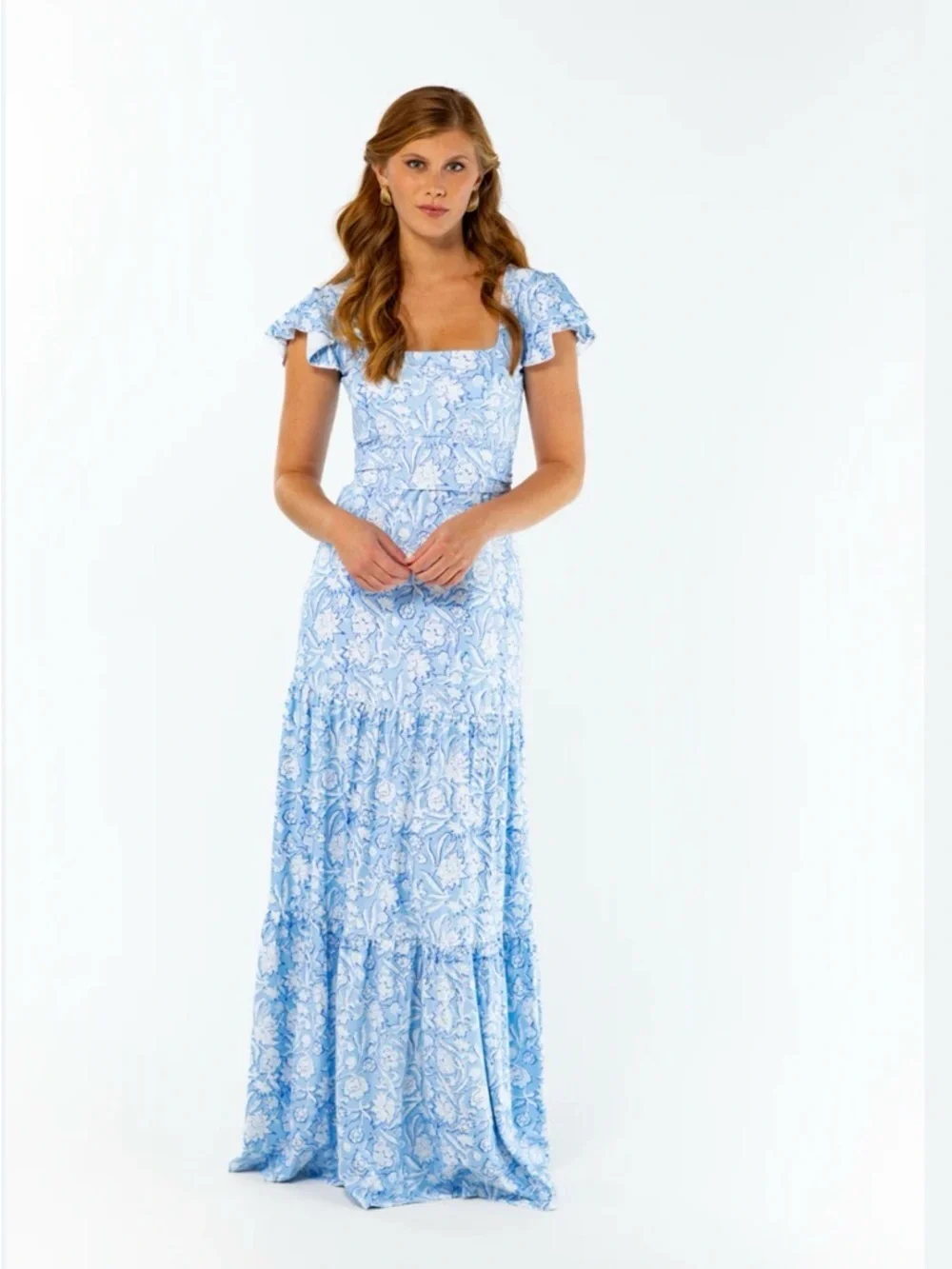 Light Blue Floral Maxi Dress with Square Neckline and Flutter Sleeves - Picture 1 of 8